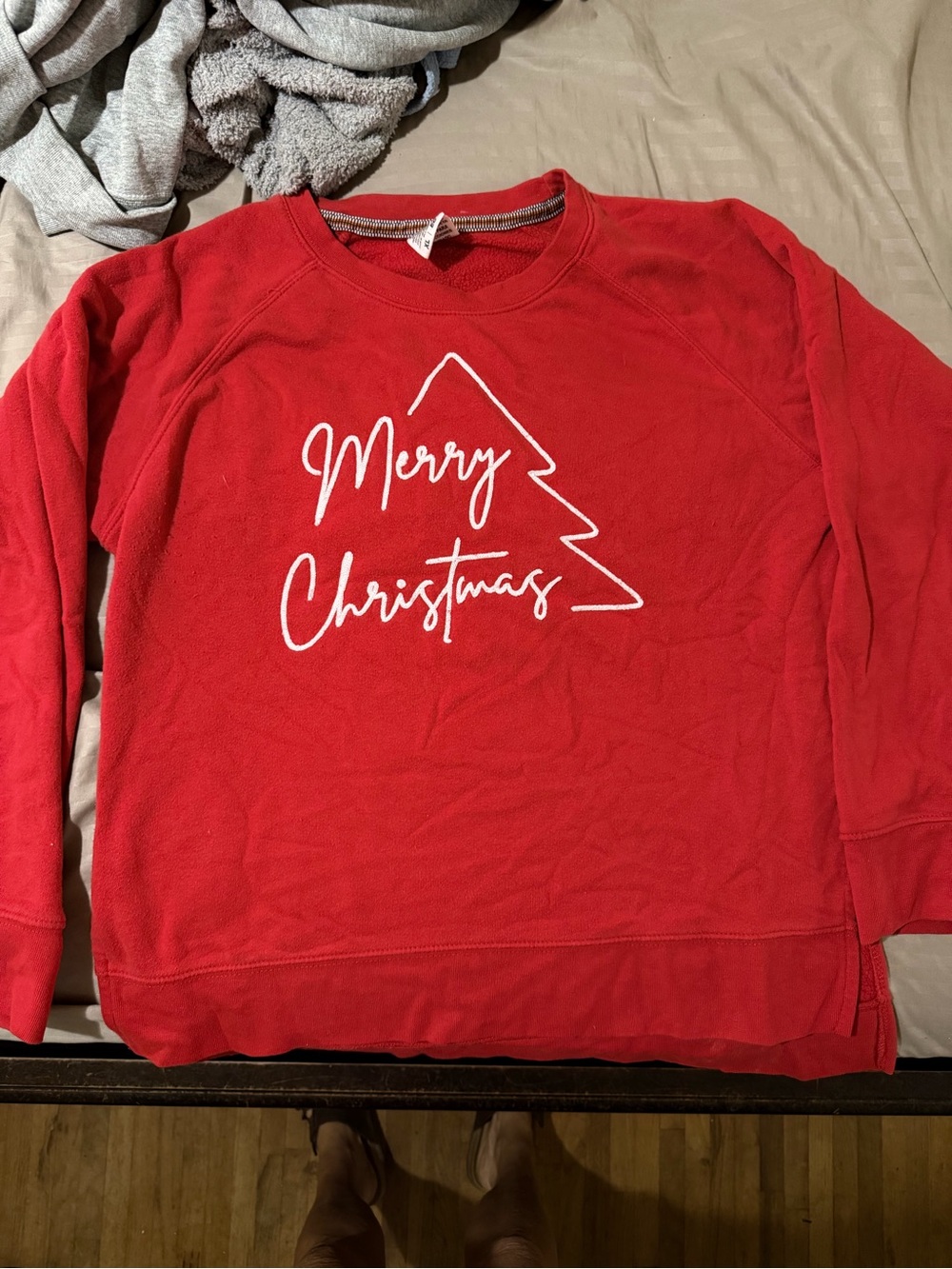 Red Crewneck Sweatshirt with White "Merry Christmas" Graphic